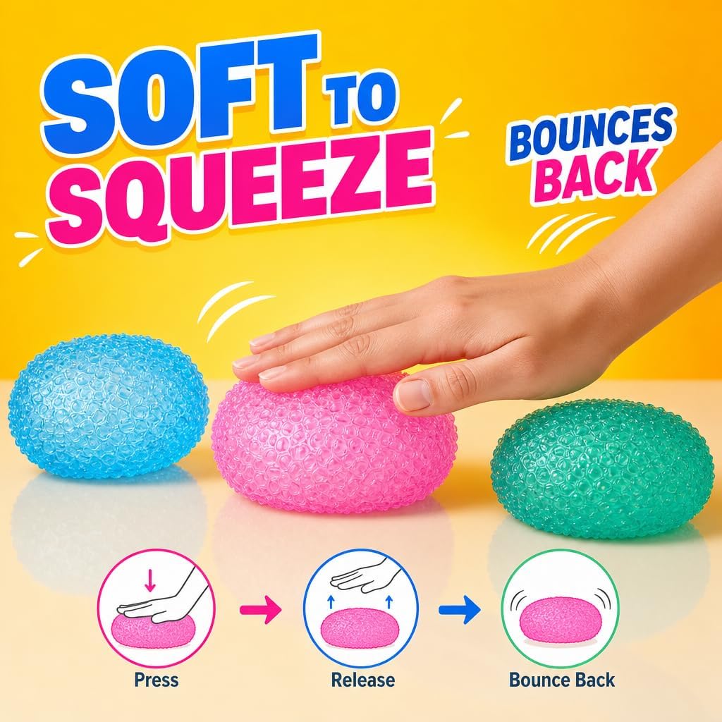 Squishy Textured Stress Balls 3pcs, Soft Memory Gel Squeeze Balls Fidget Toys for Kids/Adults Hand Exercises, Party Favors Anxiety Relief Squeeze Ball