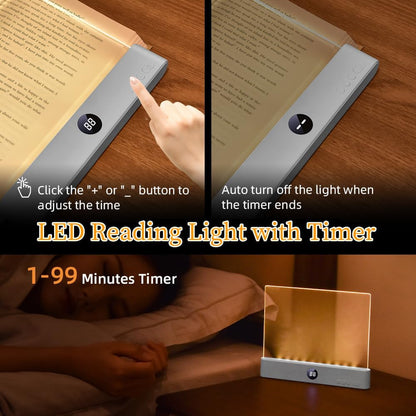 Book Light, Rechargeable Clear LED Flat Book Lights for Reading in Bed at Night with 3 Colors & Timer, Dimmable Panel Full Page Reading Light, Bookish Gifts for Women Readers Kids Book Lovers (White)
