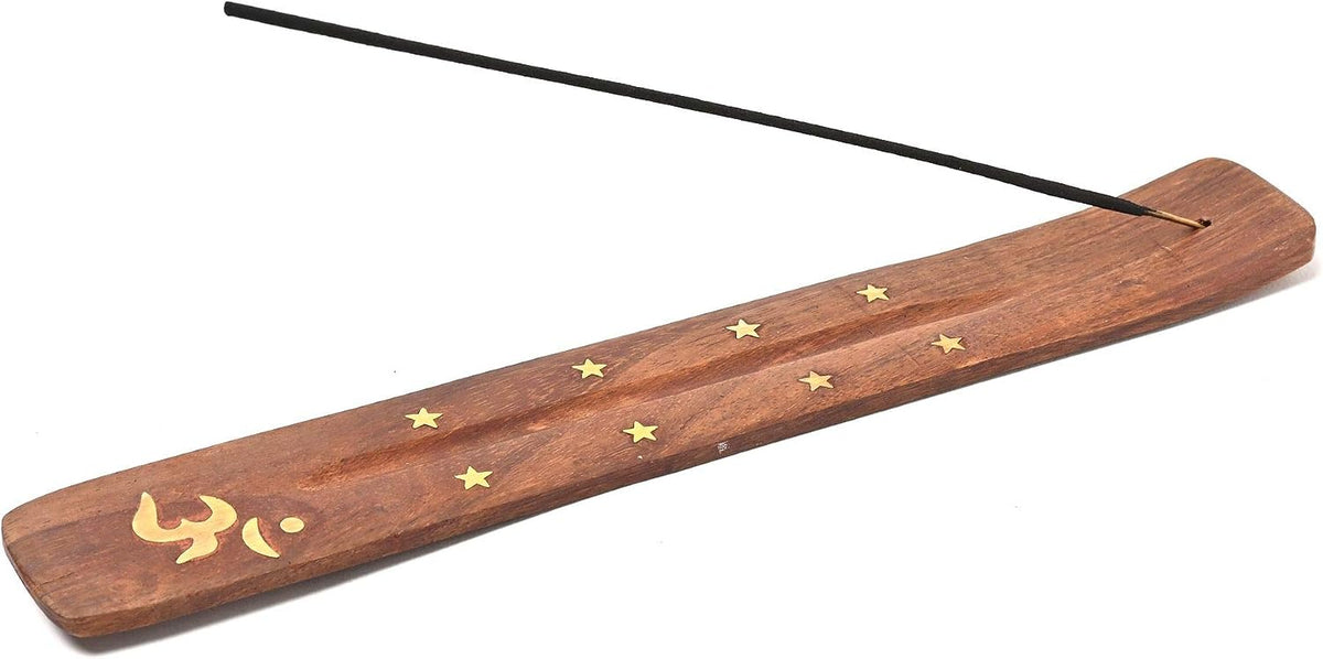 Wooden Incense Holder for Sticks with Inlays of Brass Crescent Moon 10 inches Long
