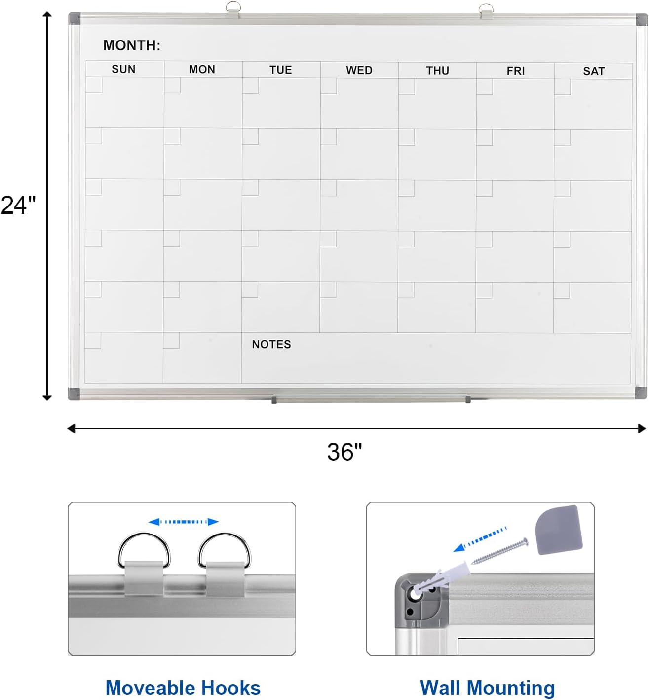 Comix Magnetic Dry Erase Calendar Whiteboard, 24 x 18 Inches Monthly Calendar Dry Erase Board for Wall, Aluminum Frame Planner White Board with Markers, Eraser, Magnets