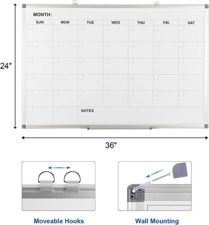 Comix Magnetic Dry Erase Calendar Whiteboard, 24 x 18 Inches Monthly Calendar Dry Erase Board for Wall, Aluminum Frame Planner White Board with Markers, Eraser, Magnets