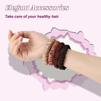 4Pcs Mulberry Silk Scrunchies Set, Silk Hair Ties Elastic for Women, Skinny Scrunchies Reduces Breakage for All Hair Types