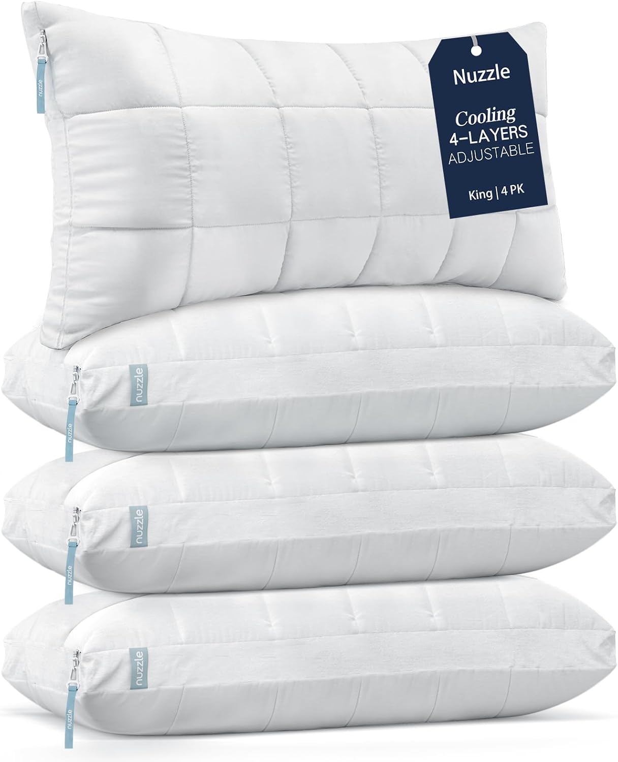Nuzzle Cooling Adjustable Pillow for Side Sleepers,Queen Size Bed Pillow 4 Pack – Hotel Luxury Neck Support, Height Adjust Soft Sleeping Pillow for Back, Stomach or Side Sleepers-Home Gift