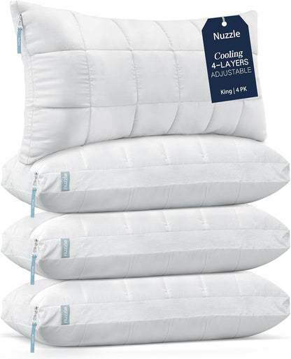 Nuzzle Cooling Adjustable Pillow for Side Sleepers,Queen Size Bed Pillow 4 Pack – Hotel Luxury Neck Support, Height Adjust Soft Sleeping Pillow for Back, Stomach or Side Sleepers-Home Gift