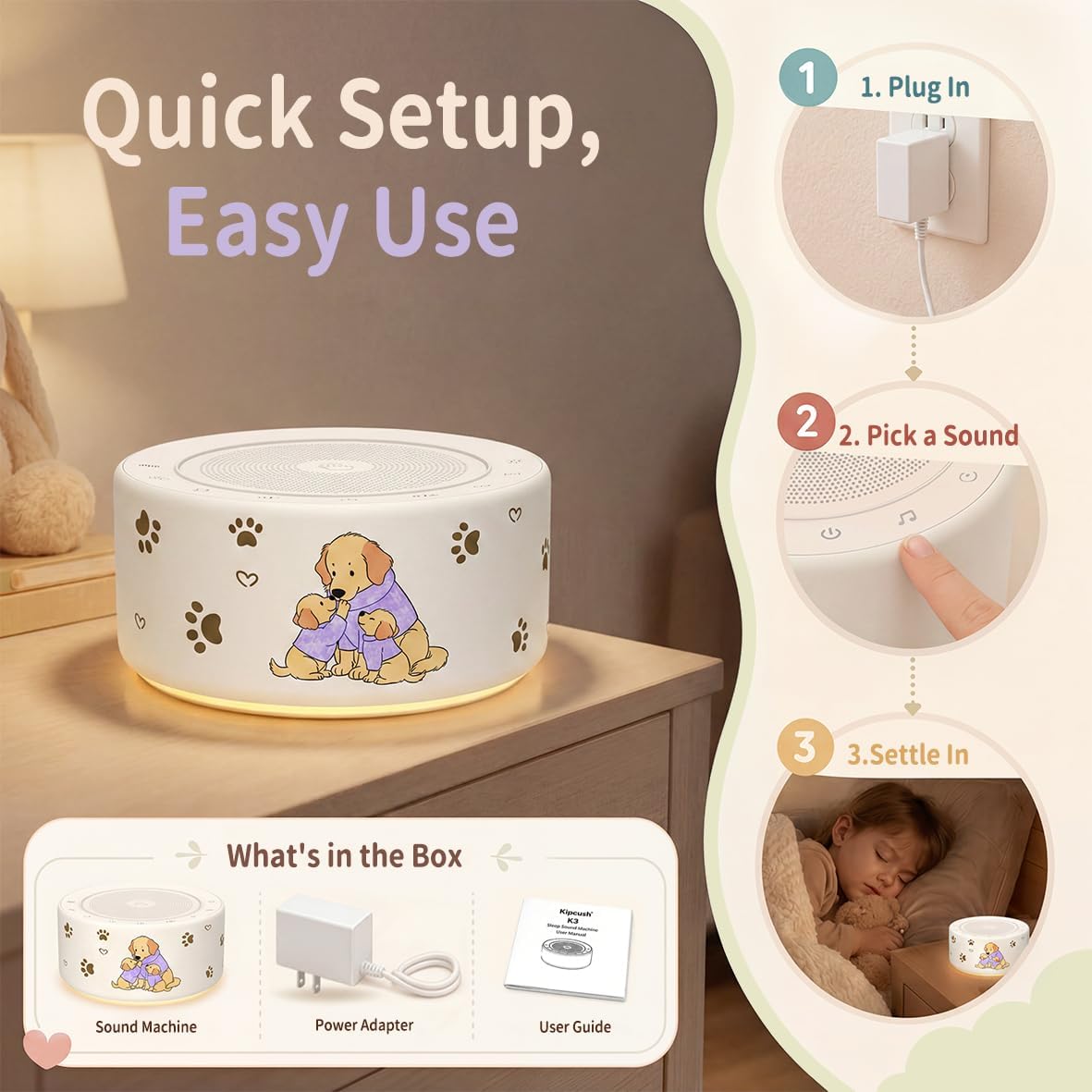 Kipcush White Noise Machine for Baby & Adults, 30 Soothing Sounds, Soft Non-Glare Nursery Lamp, 8 Color Night Lights, Memory Function (Angel V1 White, Standard)