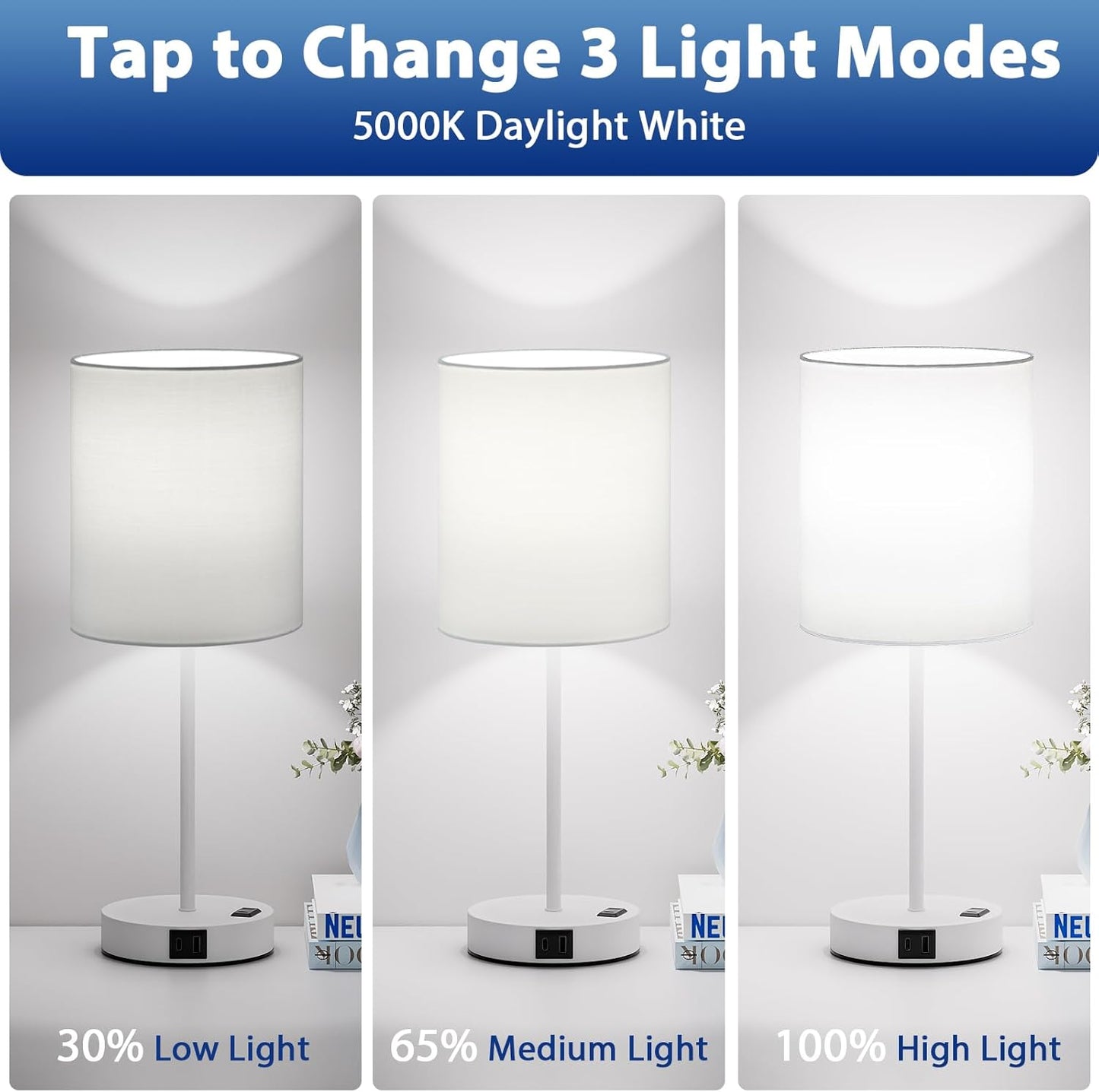 Blue Touch Lamps for Nightstand Set of 2 - Bedside Table Lamp for Bedroom with Dual USB Ports & AC Outlet, 3-Way Dimmable Lamps for Living Room Boys Room, Night Light with 5000K Daylight Bulbs