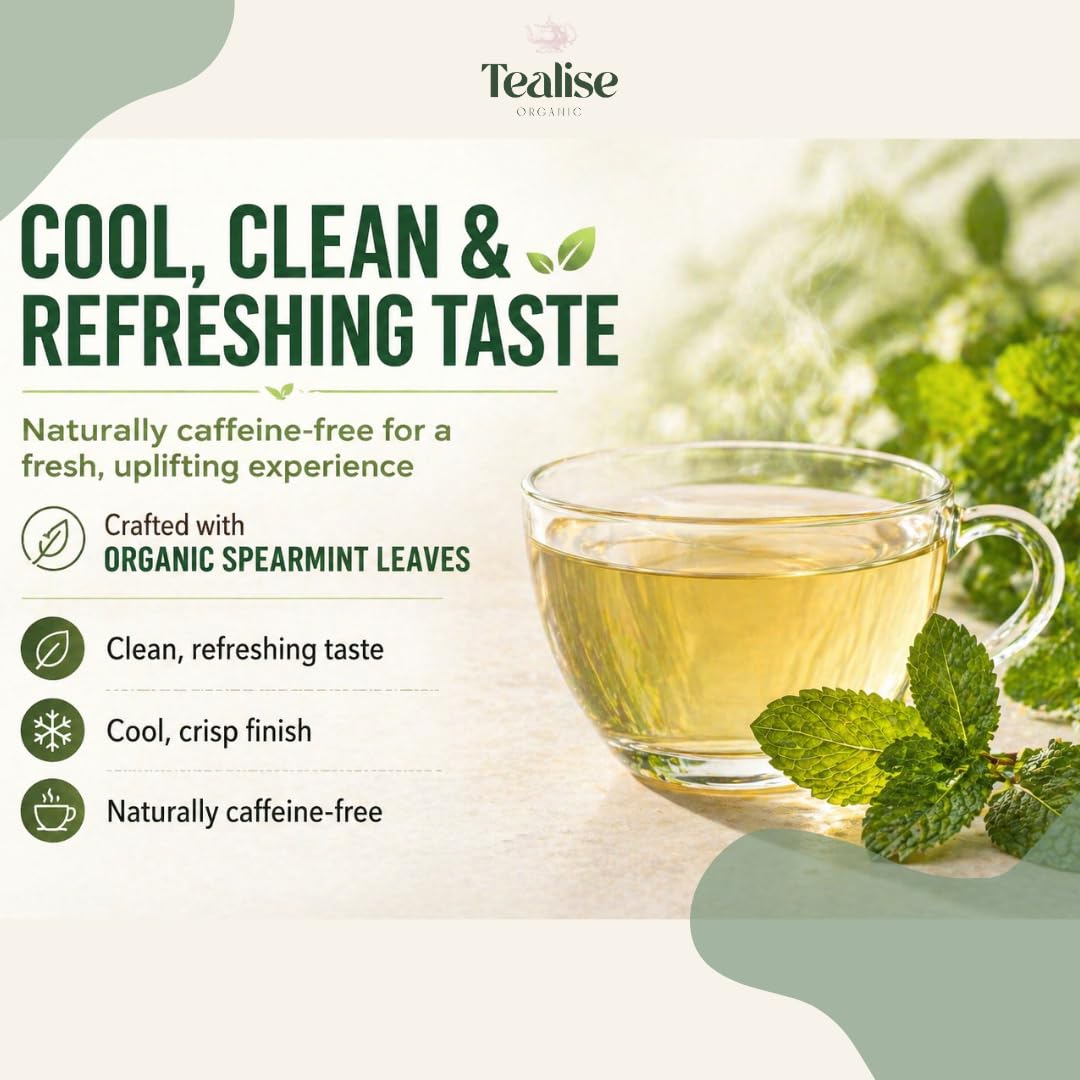 Organic Spearmint Tea Bags 100 Count – Spearmint Herbal Tea – Caffeine Free Mint Tea – Fresh, Smooth and Naturally Refreshing – Eco-Conscious Plant-Based Tea Bags by Tealise