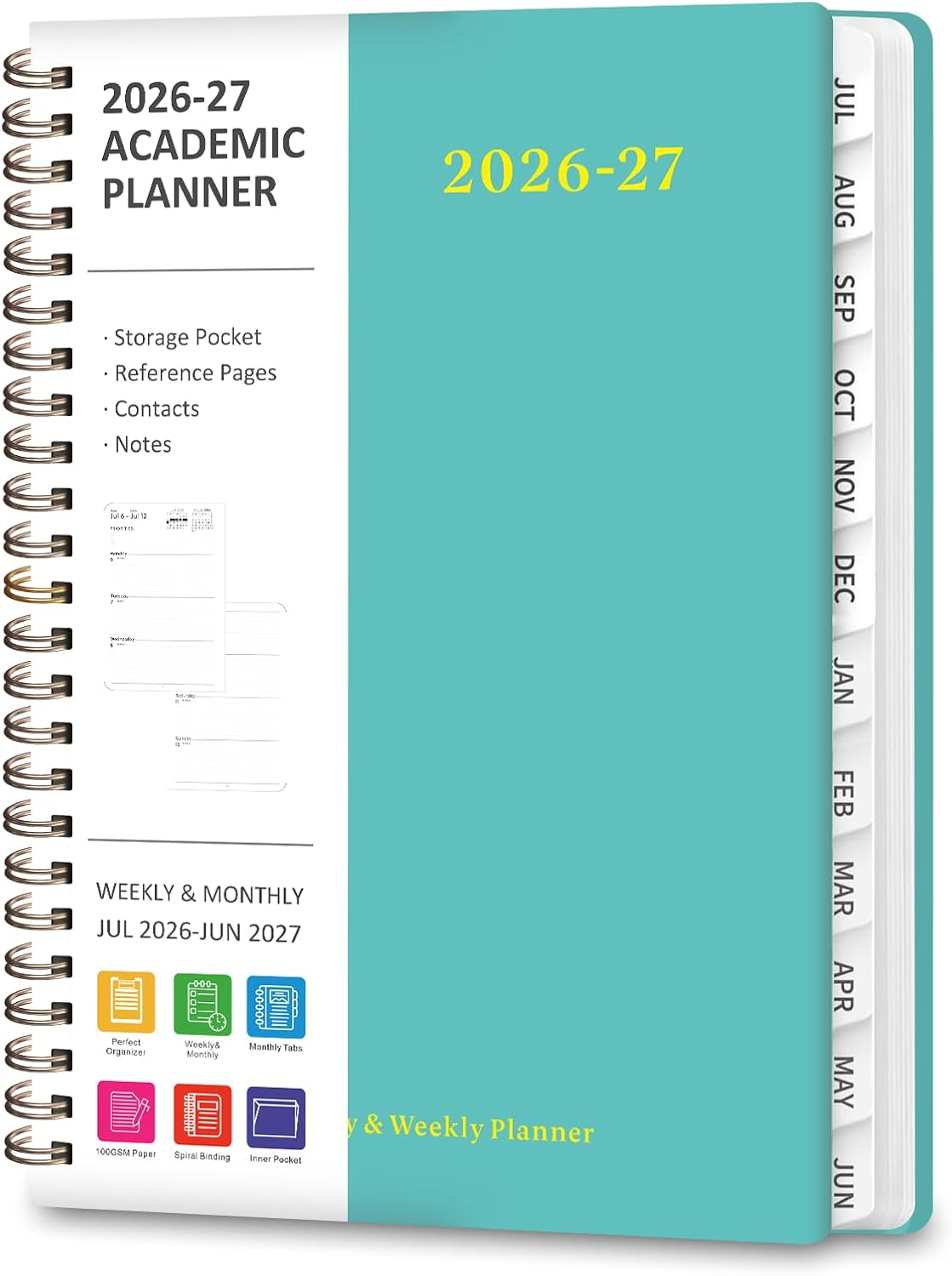 Planner 2026-2027, Weekly and Monthly Calendar Planner, JUL 2026 - JUN 2027 | Academic Year, Daily Agenda Book, A5(6.3'' x 8.5''), Sprial Bound, Inner Pocket, Office School Use
