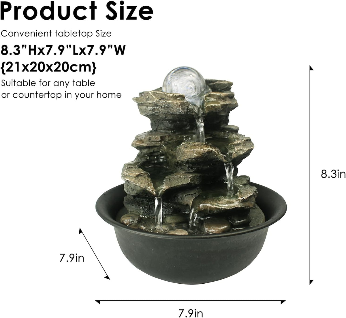 8.3” H Indoor Zen Tabletop Water Fountain, Rock Cascading Waterfall with Spinning Crystal Ball & LED Light for Home Office Decor