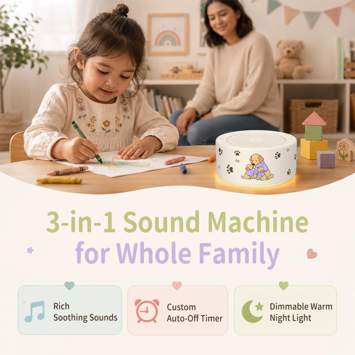 Kipcush White Noise Machine for Baby & Adults, 30 Soothing Sounds, Soft Non-Glare Nursery Lamp, 8 Color Night Lights, Memory Function (Angel V1 White, Standard)