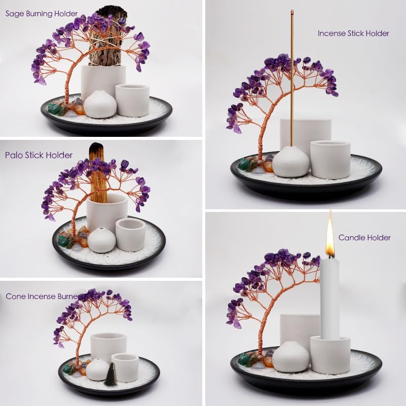 5 in 1 Incense Burner Holder with Crystal Healing Tree, Palo Santo Holder, Sage Holder, Incense Holder for Sticks/Cones/Candles, Ceramic Tray Ash Catcher for Burning Incense, Meditation Gift
