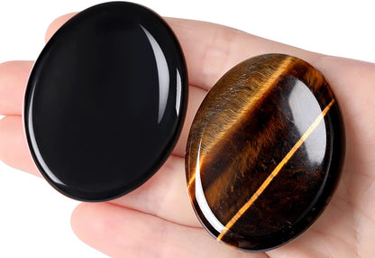 2PCS Worry Stone for Anxiety Tigers Eye Amethyst Healing Crystals Hand Thumb Stones Pocket Gemstones Meditation Accessories Oval Crystal Natural Relax Palm Stone Anxiety Relief Items Stocking Stuffers