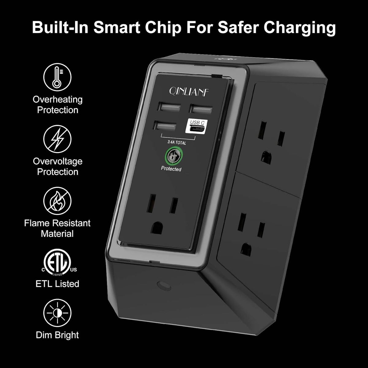 Wall Charger, Surge Protector, QINLIANF 5 Outlet Extender with 4 USB Ports
