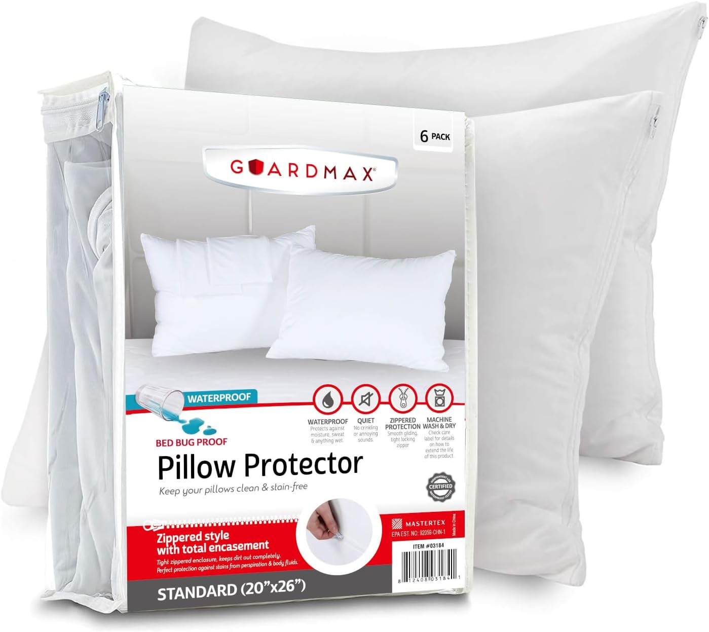 Guardmax Jersey Knitted Pillow Protector with Zipper Standard Size - 4 Pack -100% Waterproof, Bed Bug Proof, Dust Mite Proof, & Hypoallergenic Pillow Covers - Premium Zippered Pillow Cases. (20 X 26)