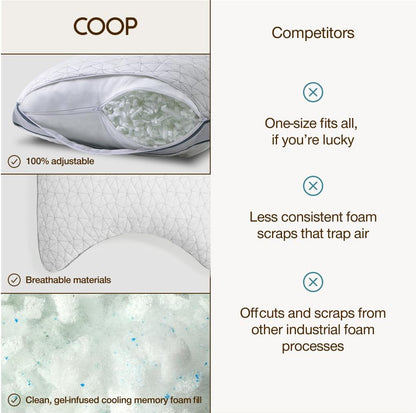 Coop Home Goods Cool+ Adjustable Pillow, Queen Size Plus Shaped Memory Foam Pillows with Cooling Gel, Back, Stomach or Side Sleeper, Neck Support for Sleeping, CertiPUR-US/GREENGUARD Gold