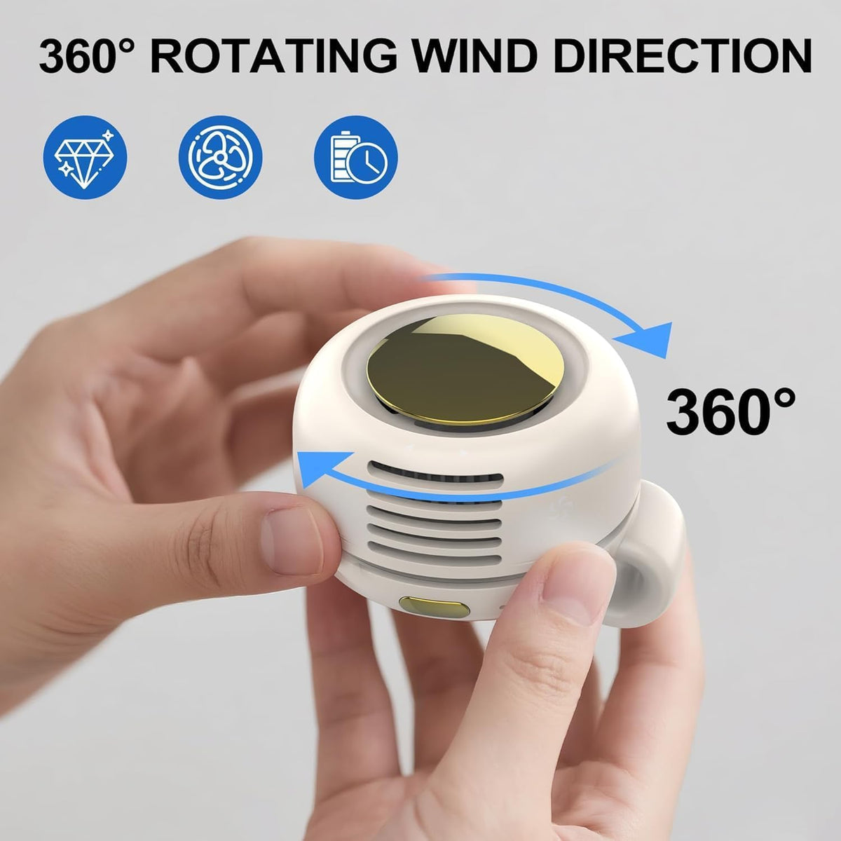 TFQXA1Z Portable Silent Clip On Bladeless Fan, Rechargeable Wearable Fan - Hands-Free Waist & Neck Cooling, 3 Speeds, Up to 5H Runtime, USB-C Fast Charge (White)