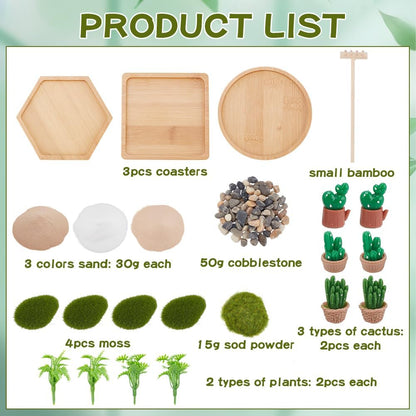 WEBEEDY 3 Sets Desert Zen Garden Kit Japanese Mini Zen Garden Sand Tray Kit for Desktop with Bamboo Tray Stones Rakes Accessories Cactus Desert Decor for Home Office Desktop Unique Gift,4/4.2/4.4 Inch