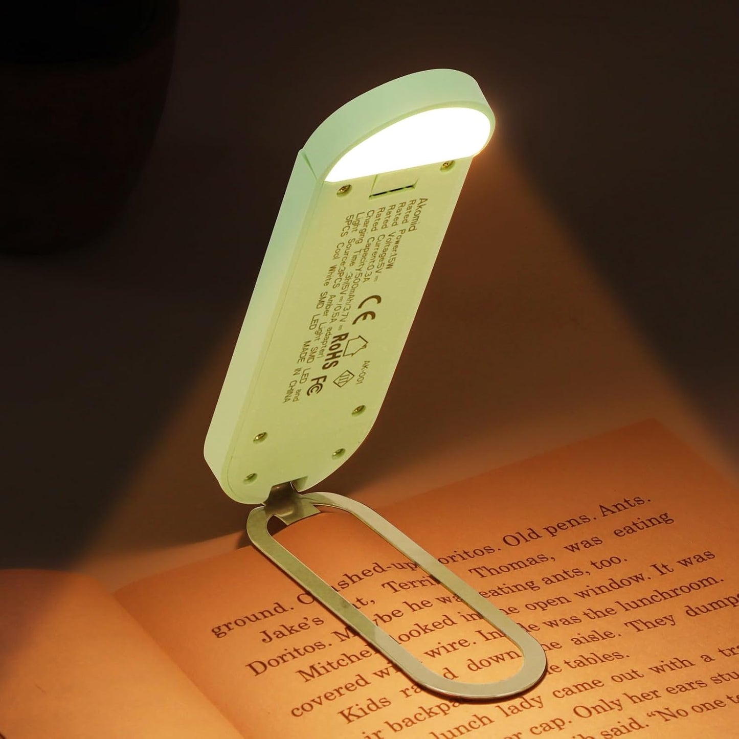 Akomid USB Rechargeable Book Light for Reading in Bed, 8 LEDs Bookmark Style Clip on, Eye-Cared Amber Light Mode for Kids, Blue Light Blocking, Stepless Dimming,Khaki
