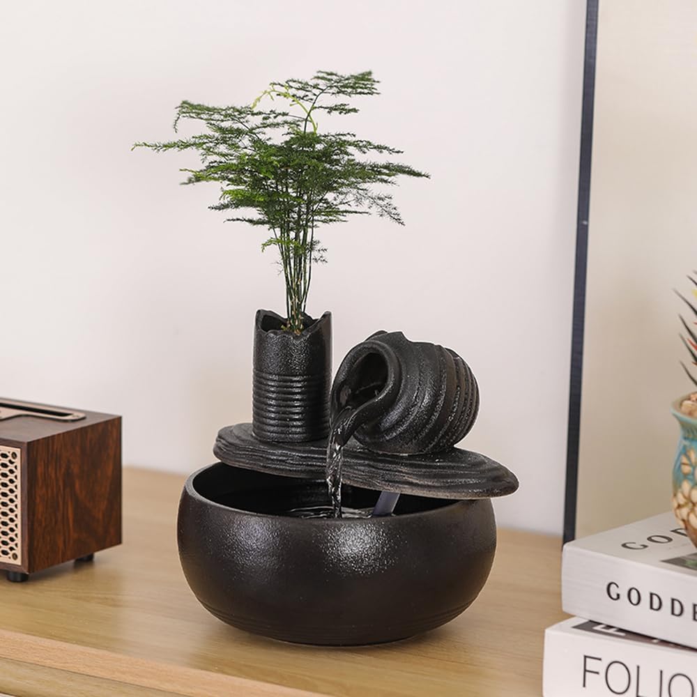 Ceramic Tabletop Fountain Water Feature Fall Indoor and Outdoor Decoration (Black Bamboo A151)