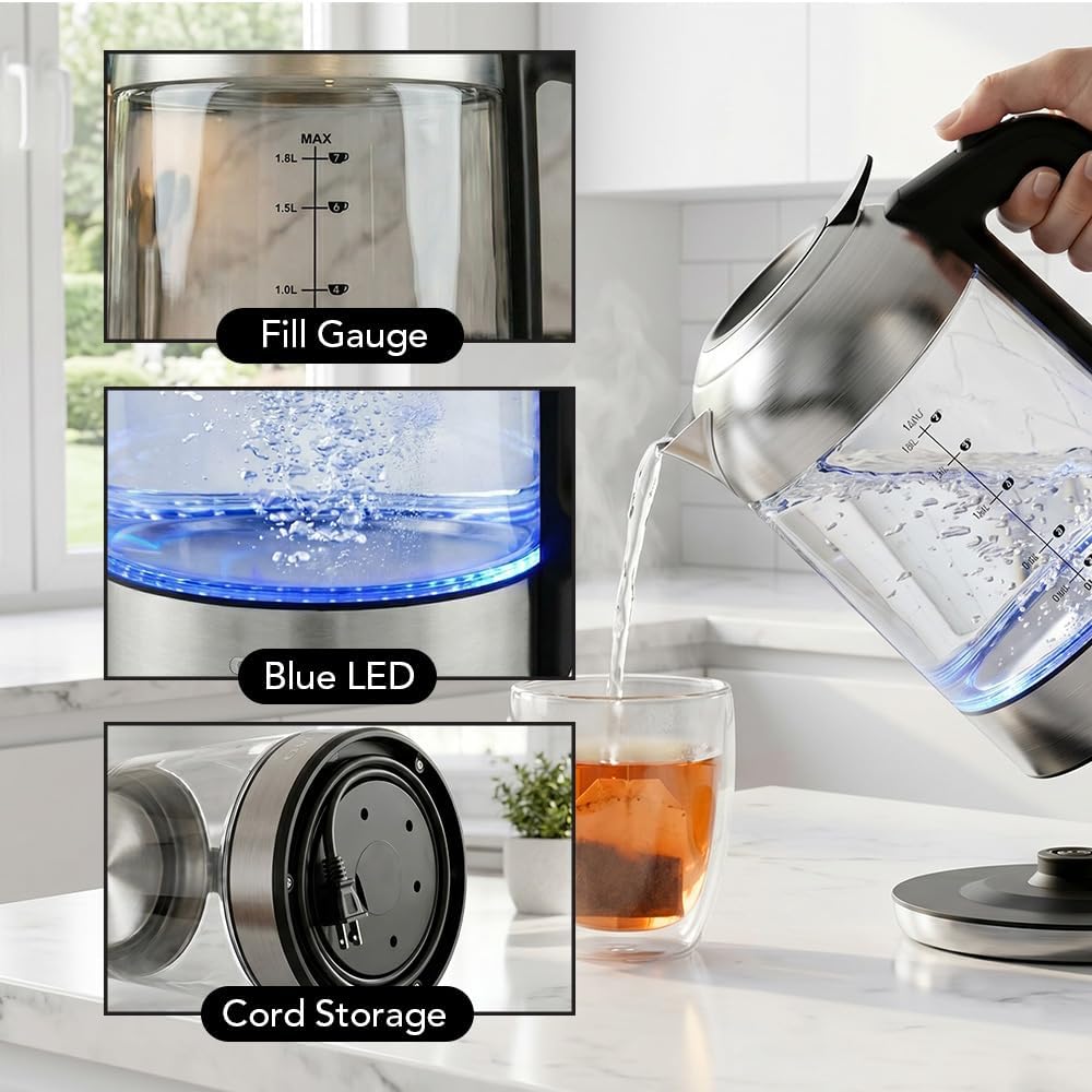 OVENTE 1.8L Glass Electric Kettle Water Boiler, Silver KG751S