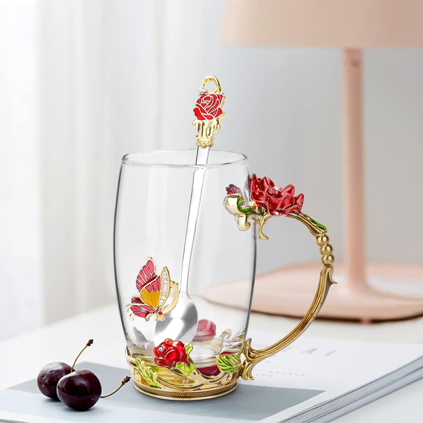 Enamel Glass Flower Tea Pot With Removable Loose Tea Leaf Infuser Tea Maker Teapot Set 30.4OZ Gifts for Women,Mom,Birthday