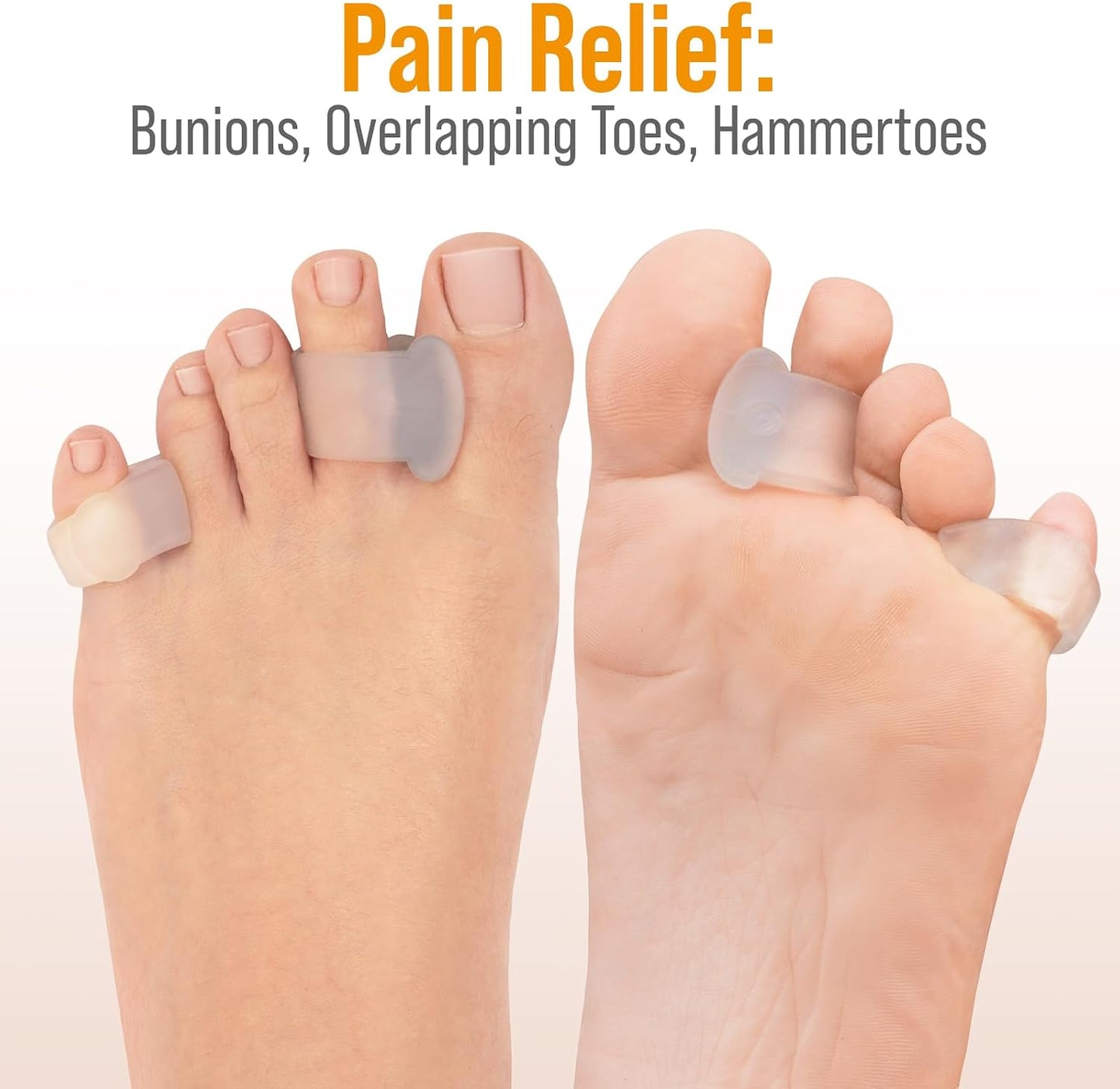 5 STARS UNITED Big Toe Spacers for Men & Women – 4 Gel Separators for Overlapping & Curled Toes, Bunions, Alignment - Diabetic Foot Care, Silicone Spreader, Corrector & Straightener, Clear