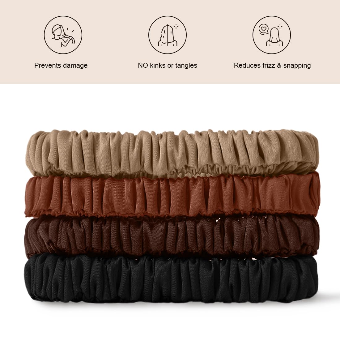 Mulberry Silk Scrunchies 4 Pack - Non Slip, Black Small Thin Silk Scrunchies for Women, Sleepy Ties for Thick Hair
