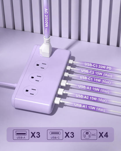 Power Strip with USB Port - 4AC & 6 USB(3USB C), Outlet Extender 5FT