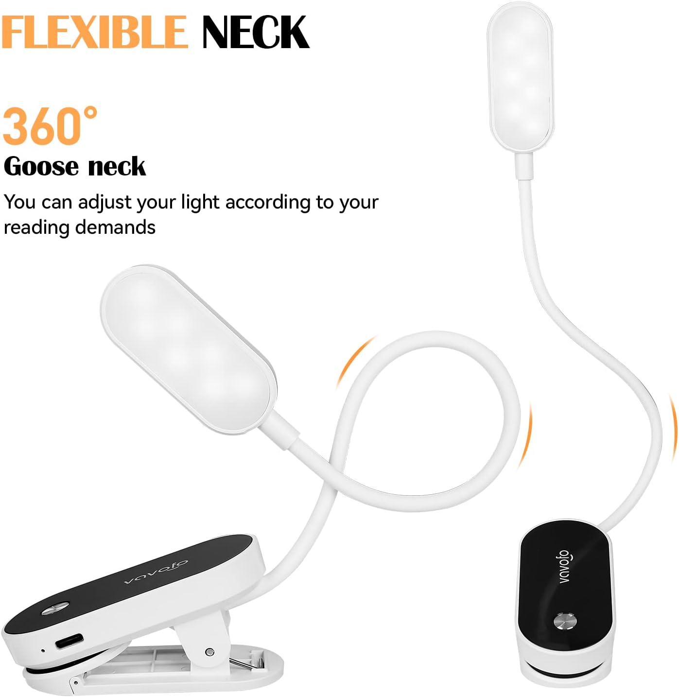 VAVOFO Rechargeable Book Light, 14 LEDs Eye Care Clip On Amber Reading Light for Bookworms Reading in Bed with 9 Colors 9 Brightness (White-Blue)