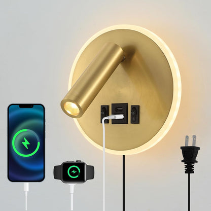 Plug in Wall Lamps for Bedroom Living Room, Wall Mounted Reading Lights with USB C+A Charging Ports, Headboard Lamp 360°Rotation, Wall Mount Lamp with 3 Color Temperature 3W+9W Night Light