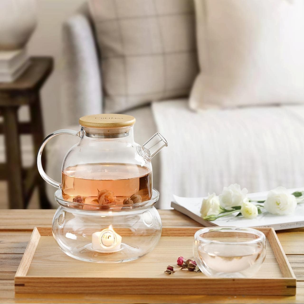 CNGLASS Glass Teapot Stovetop Safe,Clear Teapot with Removable Infuser 20.3 oz,Loose Leaf and Blooming Tea Maker