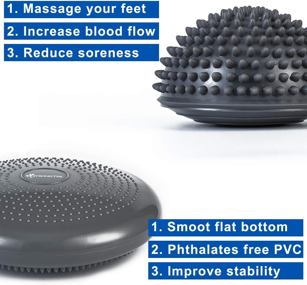 StrongTek Hedgehog Balance Pods with Hand Pump, Stability Balance Trainer Dots Plus Large Balance Pad, Core Body Balancing, Inflatable Stepping Pads, Sensory Wiggle Seats for Kids (Set of 5)