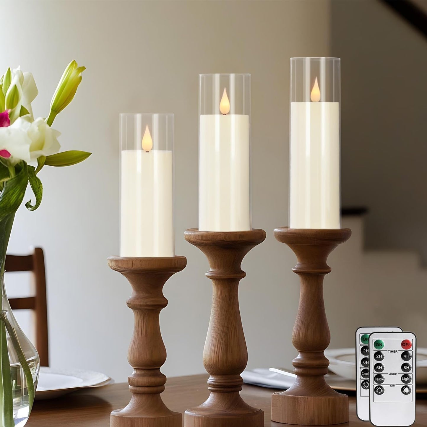 24 Pcs LED Flameless Candles with Remote, 3D Flickering Flame & LED String Lights, Acrylic Clear Cylinder, Timer Function, Romantic Ambience for Home Decor, Party, Wedding (Ivory).