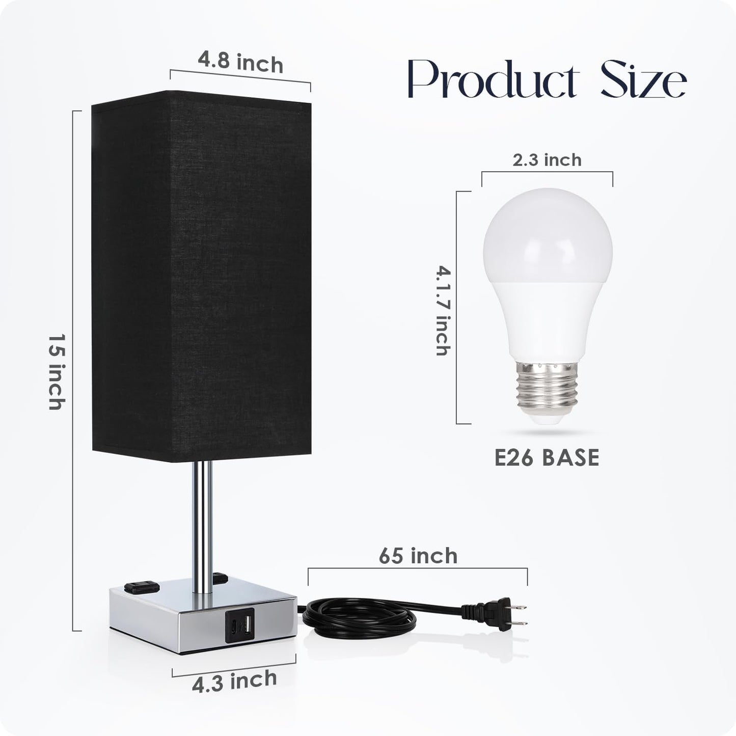 Bedside Table Lamp for Bedroom - Touch Small Lamp with USB C+A Charging Ports & AC Outlets, 3 Way Dimmable Nightstand Light for Living Room (LED Bulb Included, Grey)