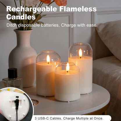 LEDHOLYT Rechargeable Flameless Glass Pillar Candles–Gifts for Women,–Set of 3, Realistic Flickering LED Flame,Remote & Timer, Ideal for Living Room, Bedroom & Halloween Festival Home Party Decor