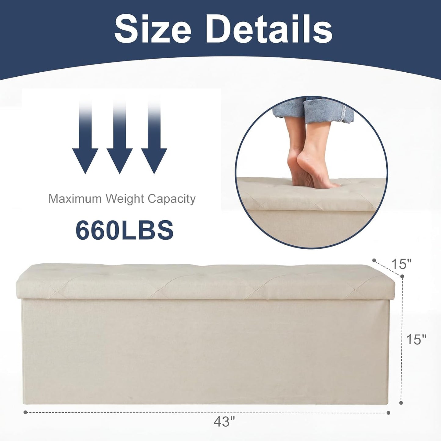 DUMOS 43 Inch Folding Storage Ottoman Bench, Large Hidden Storage Chest with Thicker Foam Padded Seat, End of Bed Foot Rest Stool for Bedroom Living Room Entryway, Load 660 lbs, Grey