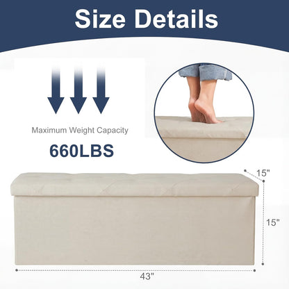 DUMOS 43 Inch Folding Storage Ottoman Bench, Large Hidden Storage Chest with Thicker Foam Padded Seat, End of Bed Foot Rest Stool for Bedroom Living Room Entryway, Load 660 lbs, Grey