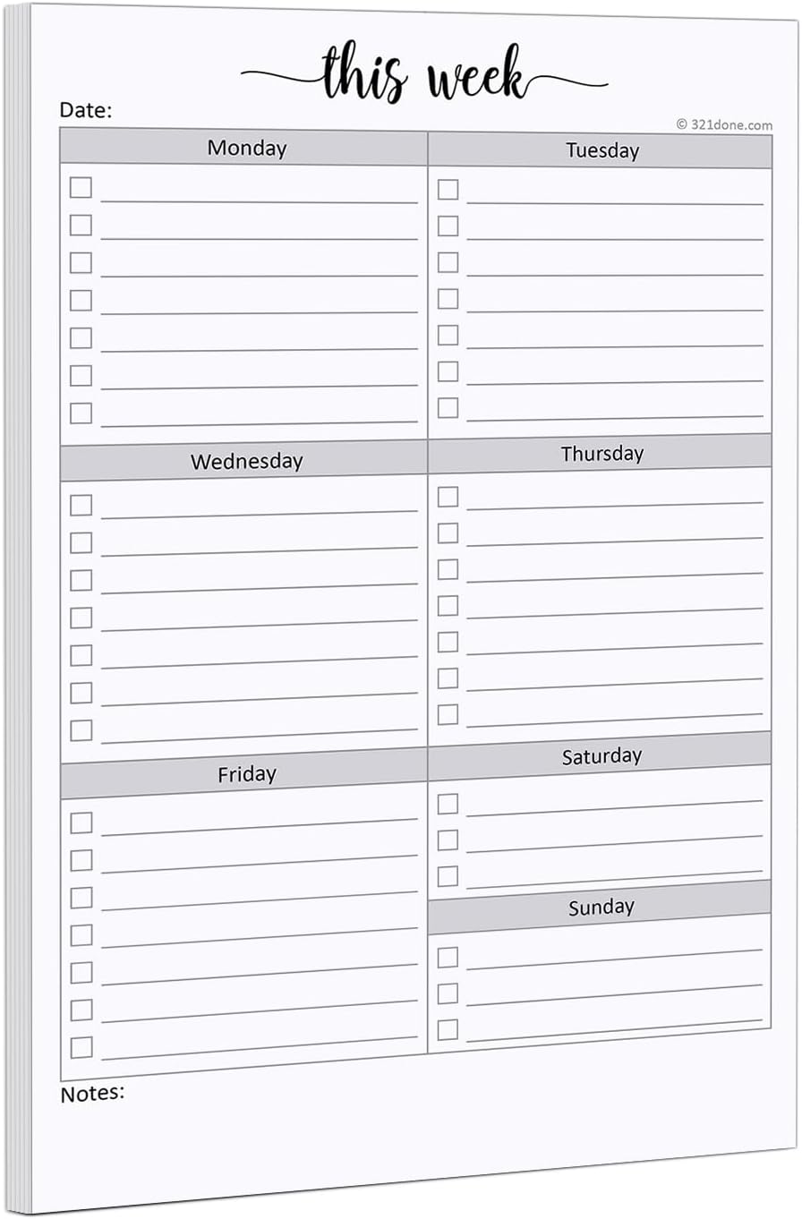 321Done Weekly Checklist Notepad, 5.5x8.5 Size Pad - 50 Tear-Off Sheets, Undated Monday-Sunday Schedule, Daily Task Planner for Home, Office & Student Use - Made in USA