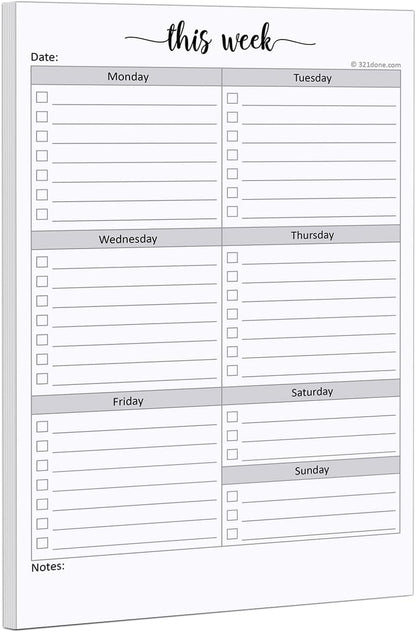 321Done Weekly Checklist Notepad, 5.5x8.5 Size Pad - 50 Tear-Off Sheets, Undated Monday-Sunday Schedule, Daily Task Planner for Home, Office & Student Use - Made in USA