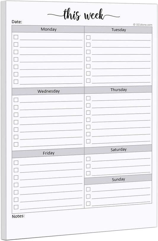 321Done Weekly Checklist Notepad, 5.5x8.5 Size Pad - 50 Tear-Off Sheets, Undated Monday-Sunday Schedule, Daily Task Planner for Home, Office & Student Use - Made in USA
