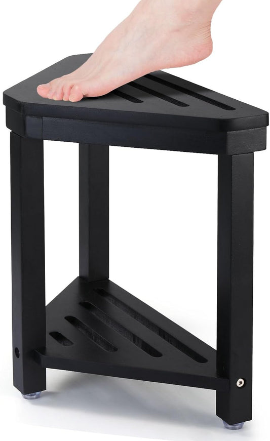 Boulphia Shower Foot Rest 14in, Acacia Wood Shower Stool for Shaving Legs, Waterproof Corner Shower Stool with Storage Shelf for Inside Small Shower Spaces, Wood Color