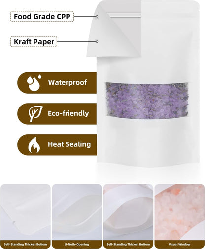 100pcs Kraft Bags with Window 3.5x5.5 Inches White Reusable Sealable Zip Lock Food Storage Stand up Paper Pouches for Home or Business