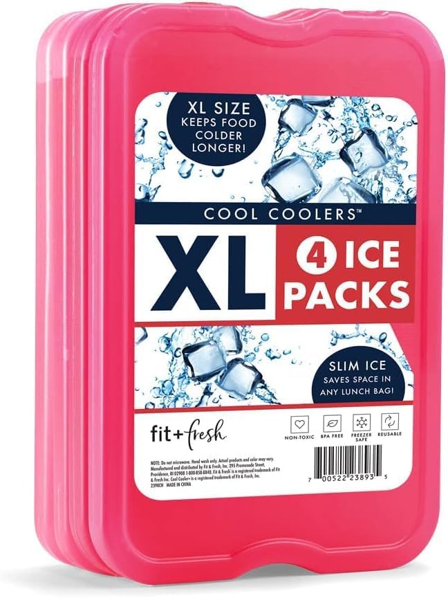 Cool Coolers by Fit & Fresh 4 Pack XL Slim Ice Packs, Quick Freeze Space Saving Reusable Ice Packs for Lunch Boxes or Coolers