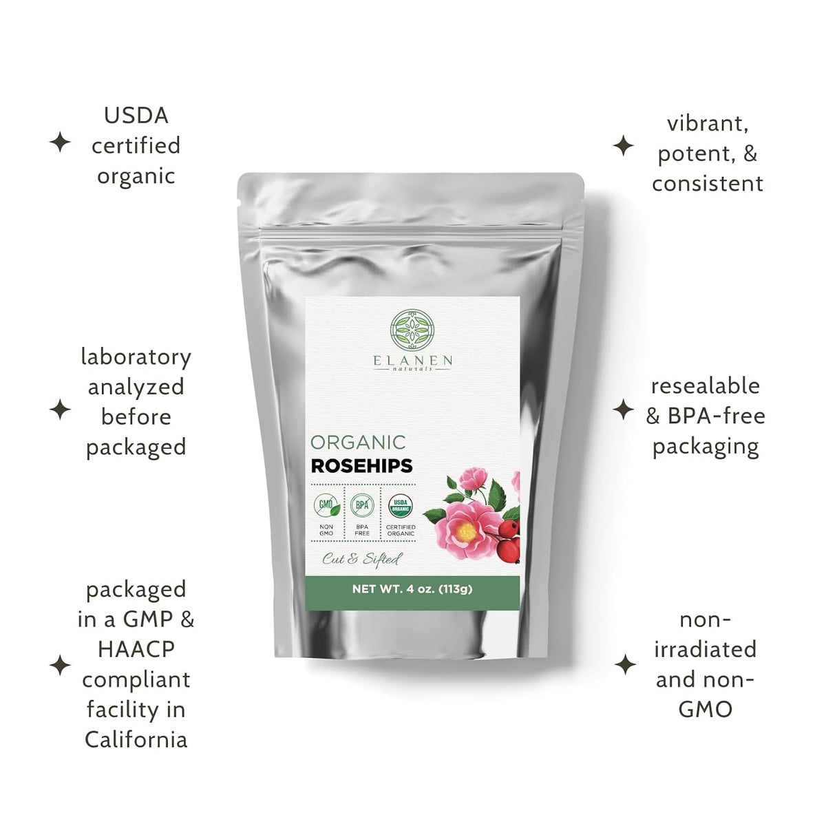 Elanen Naturals Organic Rose Hips 4 oz. (113g), USDA Certified Organic Rosehip Tea, Dried Rose Hips, Whole Rosehips Bulk, Cut & Sifted