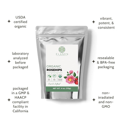 Elanen Naturals Organic Rose Hips 4 oz. (113g), USDA Certified Organic Rosehip Tea, Dried Rose Hips, Whole Rosehips Bulk, Cut & Sifted