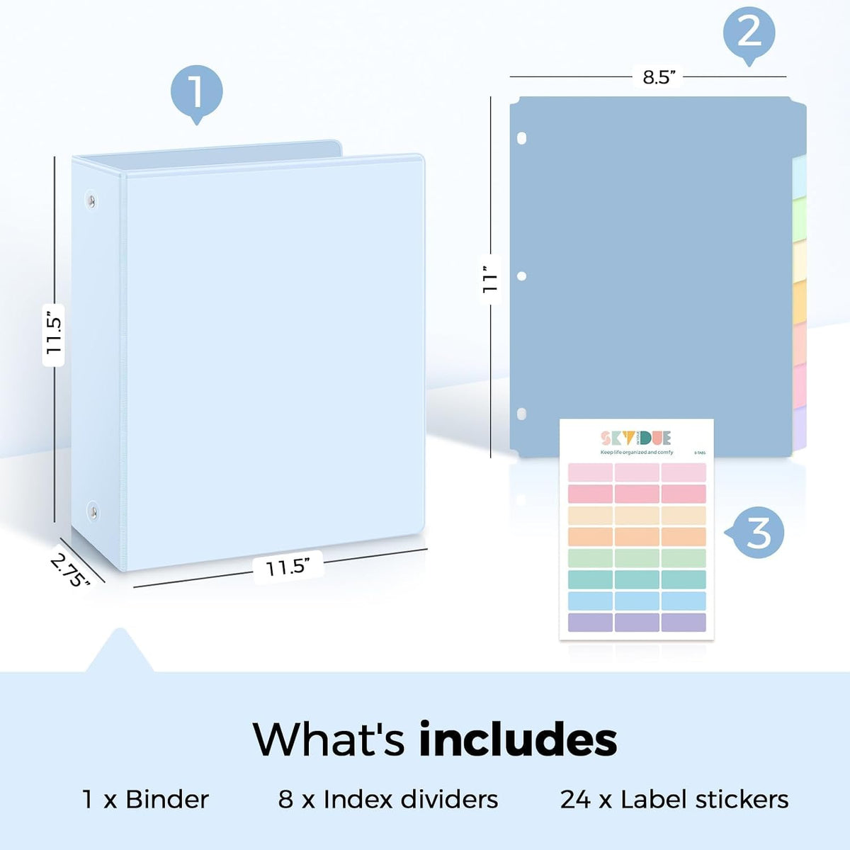 SKYDUE 1 Inch 3 Ring Binder with 8 Tab Dividers & 24 Labels, Pastel Binder Organizer for Letter Size Paper, Aesthetic School Binder for Notes, Documents, Office & Home Organization, Purple
