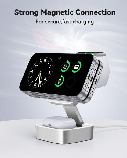 3 in 1 Wireless Charging Station for Apple Devices, Magnetic Foldable Travel Fast Charger Stand Compatible with MagSafe for iPhone 18/Air/17/16/15/14/13/12 Series, Apple Watch & AirPods Pro/4/3/2