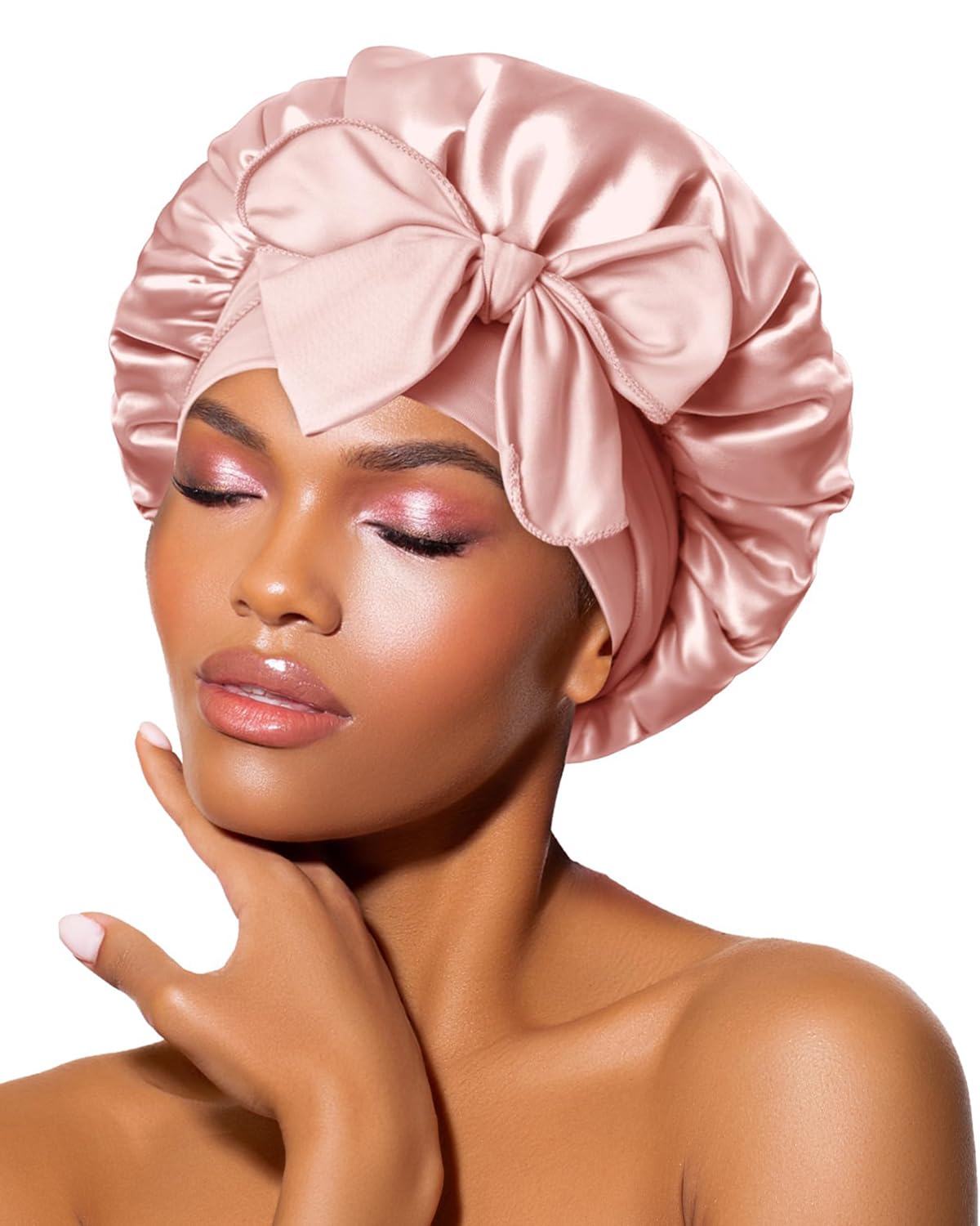 BONNET QUEEN Silk Bonnet for Sleeping for Women Satin Bonnet Night Cap for Curly Hair with Tie Band, Single Layer, Cream Pink