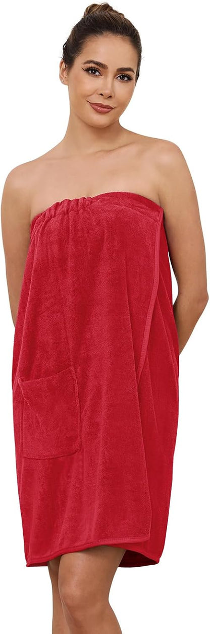 AMVELOP Womens Knee Length Wrap Towel,Button Bath Robe Adjustable Closure,Lightweight Spa Bathrobes With Pocket