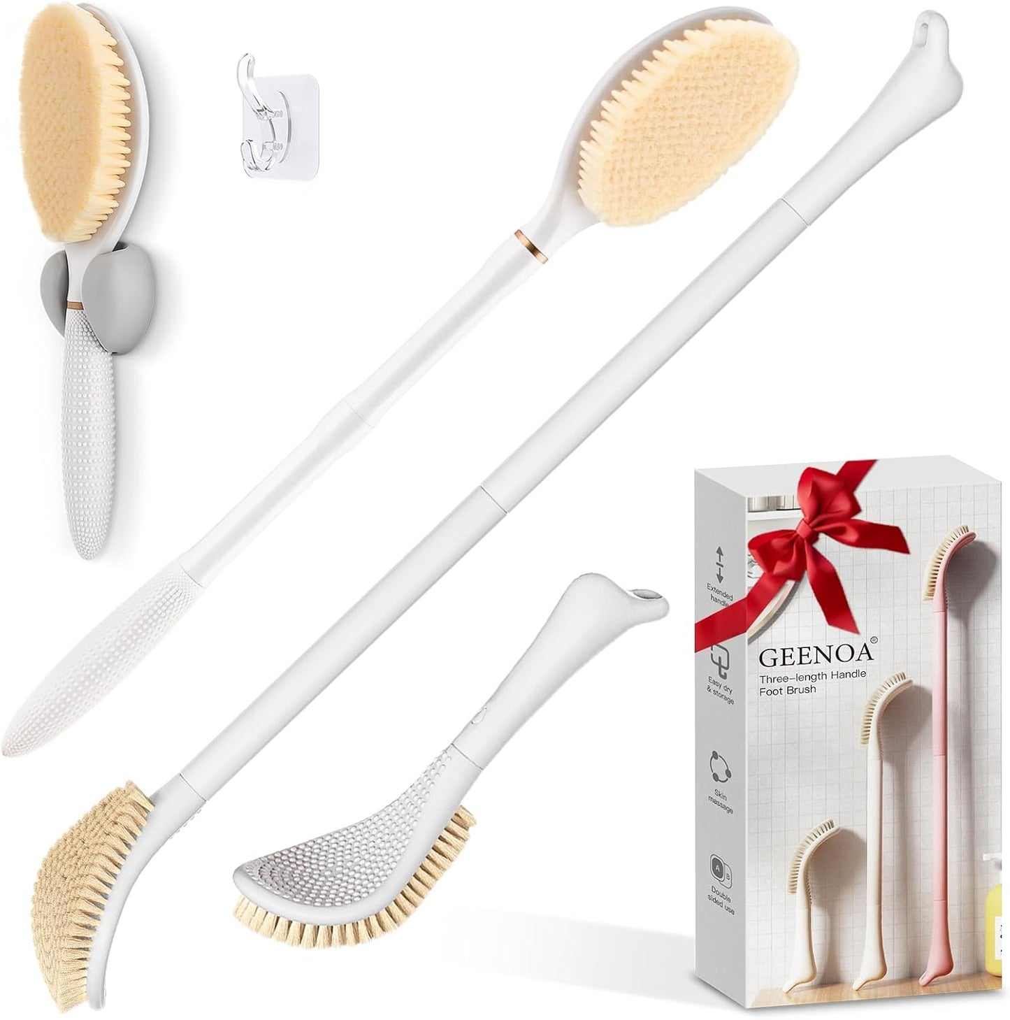 New Foot Brush with Adjustable Long Handle, 3-in-1 Foot Scrubber for Wet or Dry Brushing, 10.2’’- 27.5’’ Foot Scrub Brush for Senior, Pregnant, Disabled, or Injured, Gift-Box Packed(White)